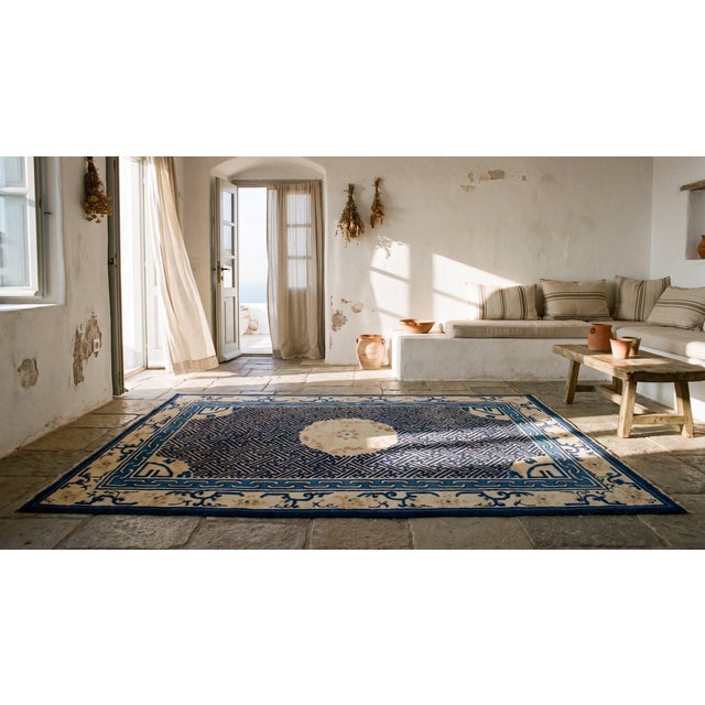 Textile 1900s Blue Navy Geometric Medallion Antique Chinese Peking Rug 4'4" X 5'6" Handknotted Wool Carpet For Sale - Image 7 of 8
