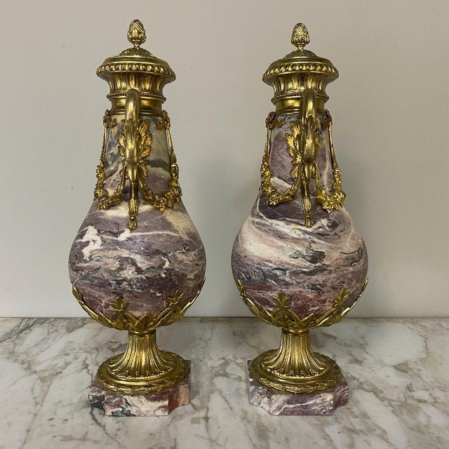 Pair 19th Century French Louis XVI Marble & Bronze d'Or Cassolettes For Sale - Image 9 of 13