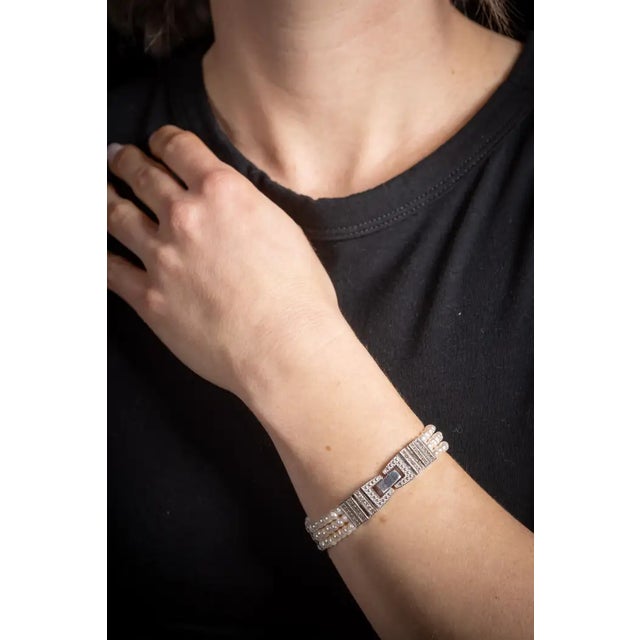 1990s Contemporary Pearl and Diamond Beaded Bracelet, Sterling Silver Clasp For Sale In Nantucket - Image 6 of 7