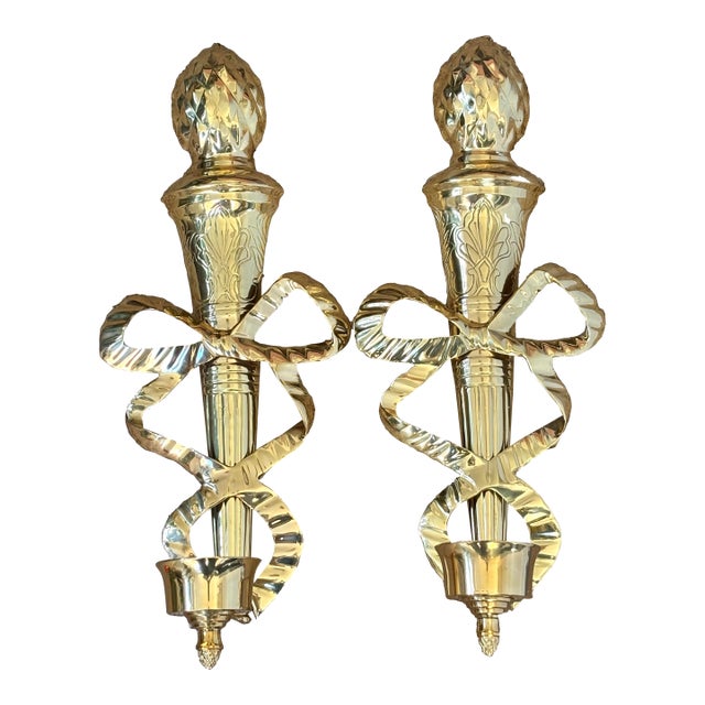 1980s Shiny Solid Brass Torch and Bow Wall Candle Sconces, a Pair For Sale