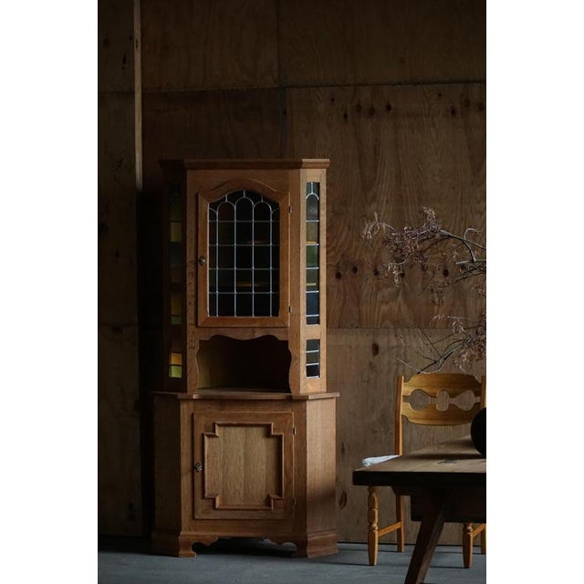 Metal Mid-Century Danish Oak Corner Cabinet with Leaded Stained Glass, 1940s For Sale - Image 7 of 12