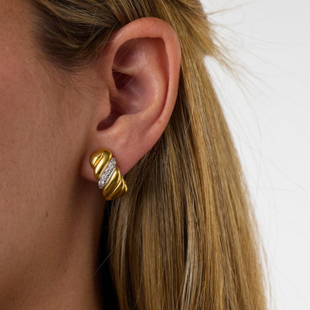 Vintage Diamond 18k Yellow Gold and Platinum Hoop Ear Clips, Pair For Sale - Image 4 of 5
