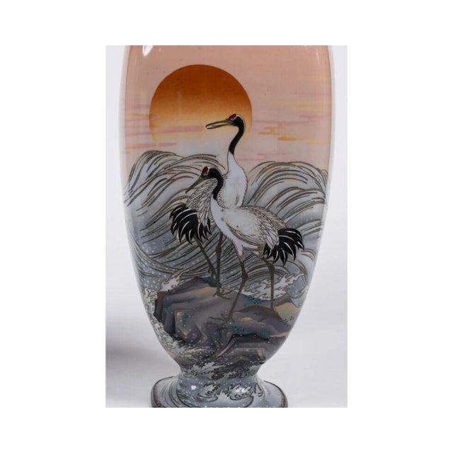 A Large Pair of Japanese Cloisonne Pink-Ground Vases Featuring Sunset and Cranes For Sale - Image 10 of 15