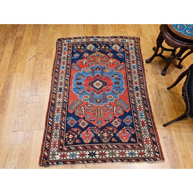 Red Antique Caucasian Kazak Area Rug, Handwoven Wool, Geometric Medallion Design, Late 1800s, 4' x 5' For Sale - Image 8 of 18