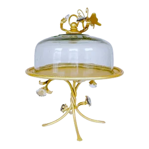 1990s Decorative Golden Iron Cake Stand With Glass Dome and Crystal Accents
