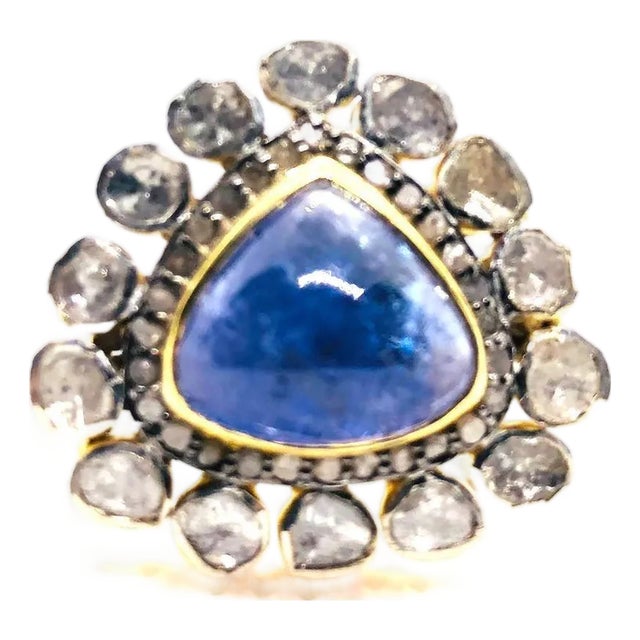 Bochic “Orient” Vintage Rose Cut Diamond & Tanzanite Ring Set 18K Gold & Silver For Sale