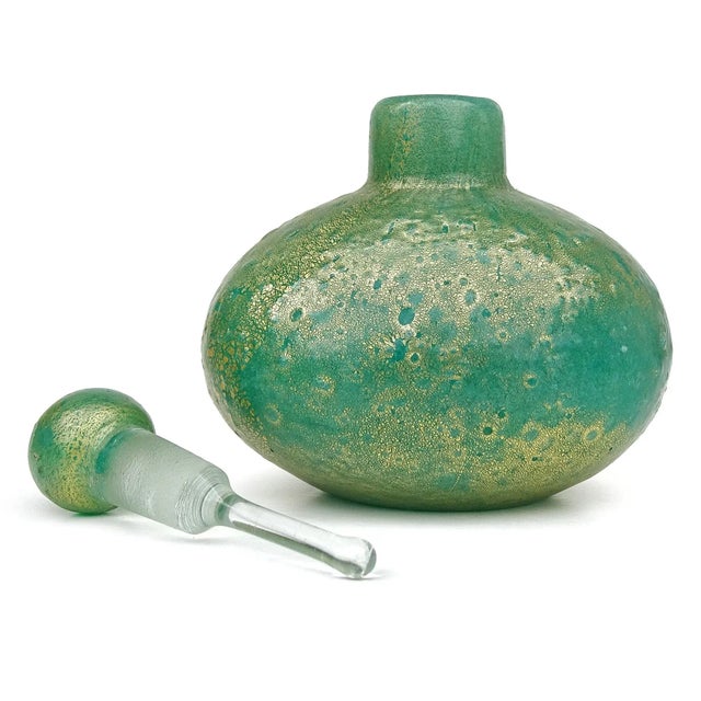 Murano Murano Seguso Vetri d'Arte Green Pulegoso Bubble Gold Flecks Italian Art Deco Glass Perfume Scent Bottle With Label For Sale - Image 4 of 6