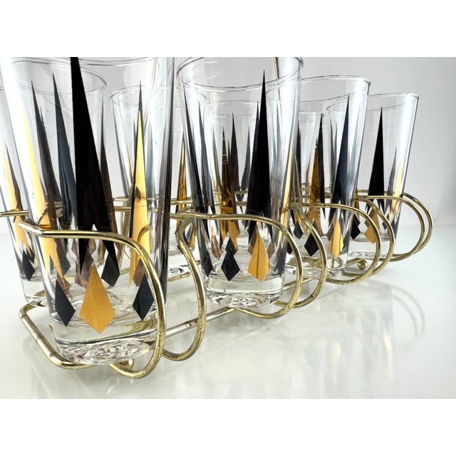 Mid-Century Modern 1960s Mid-Century Modern Atomic Black & Gold Highball Glasses With Brass Carrier - Set of 8 For Sale - Image 3 of 12