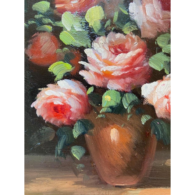 Pink Peter Brooks, Still Life of a Vase of Pink Roses, 1960s, Oil on Canvas For Sale - Image 8 of 13