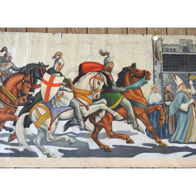 English Vintage Mid Century Knights & Horses Procession Mural Painting For Sale - Image 3 of 7