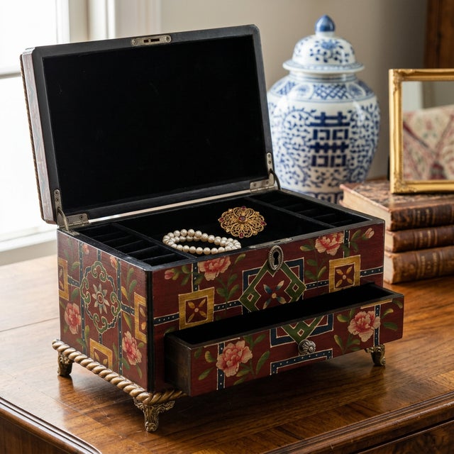 Hand-Painted Folk Art Tole-Style Jewelry Chest For Sale In Dallas - Image 6 of 6