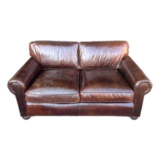 Restoration Hardware Brown Leather Two-Cushion Sofa With Rolled Arms and Bun Feet For Sale