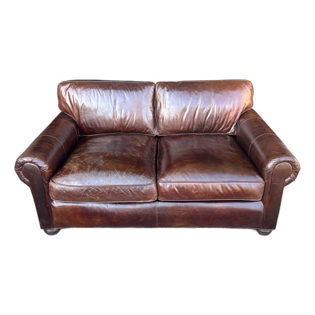 Restoration Hardware Brown Leather Two-Cushion Sofa With Rolled Arms and Bun Feet For Sale