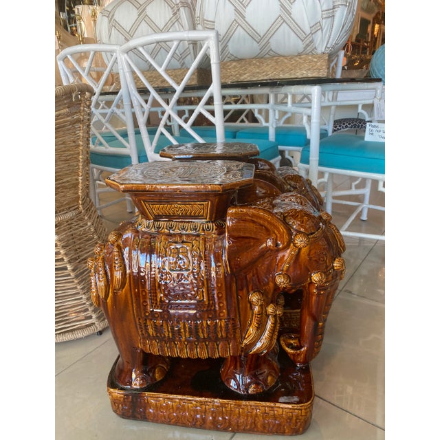 Vintage Brown Glazed Elephant Garden Stands Stools Benches Drink Tables -A Pair For Sale - Image 4 of 10
