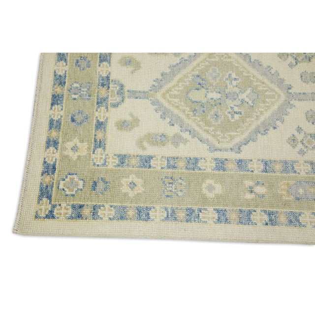 Modern Early 21st Century Green & Blue Geometric Design Handwoven Wool Turkish Oushak Rug 2'10" X 11'8" For Sale - Image 3 of 7