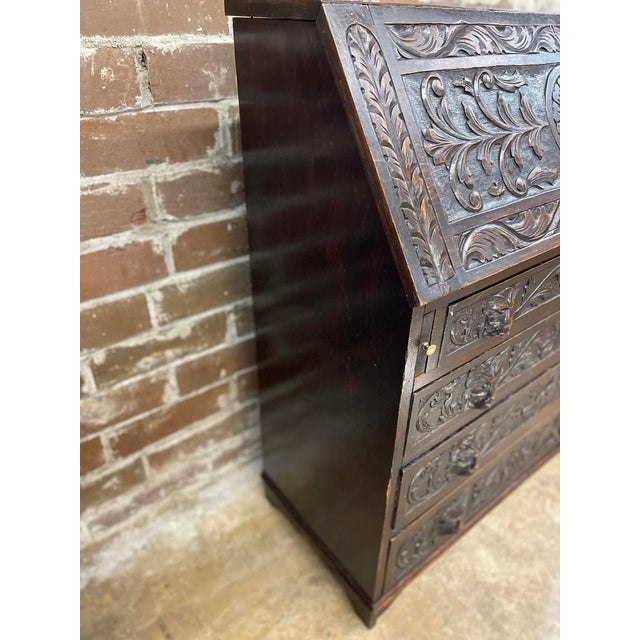 1920s English Oak Carved Slant-Front Desk For Sale - Image 4 of 6