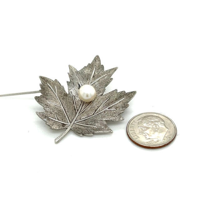 1990s Mikimoto Estate Akoya Pearl Leaf Brooch Pin Sterling Silver For Sale - Image 4 of 6