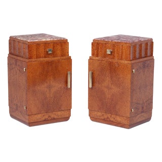 French Art Deco Bedside Tables in Amboyna and Marble, 1930s, Set of 2 For Sale
