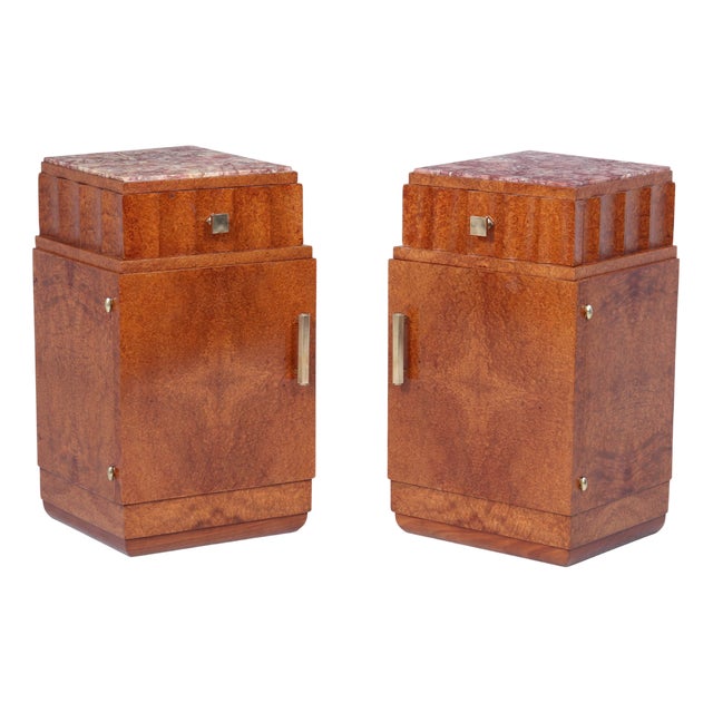 French Art Deco Bedside Tables in Amboyna and Marble, 1930s, Set of 2 For Sale
