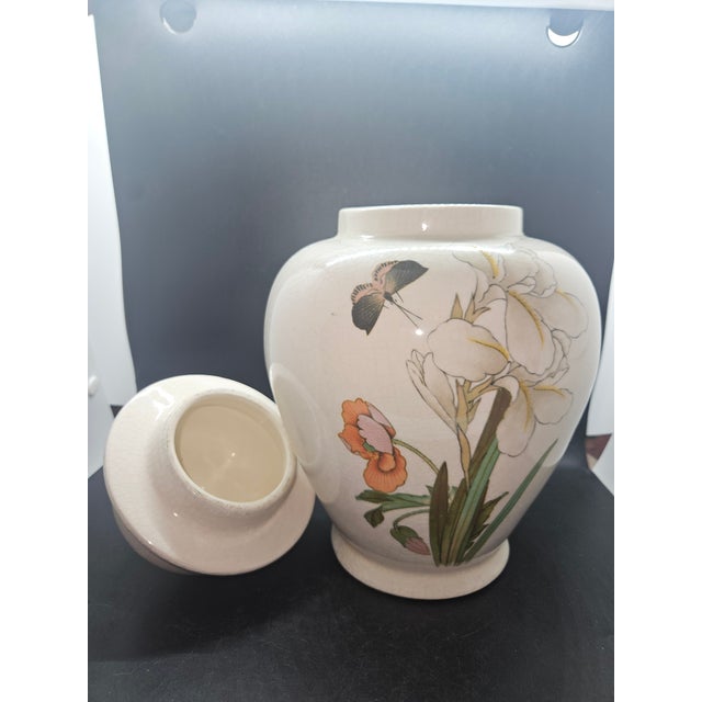 Traditional Vintage Ginger Jar With Flower/Butterfly Motif, Made in Japan For Sale - Image 3 of 5