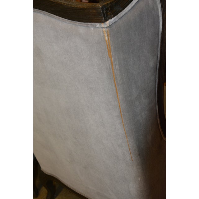 Restoration Hardware Pair Lorraine Gray Velvet Wing Back Bergere Arm Chairs W/ Wood Surround For Sale - Image 14 of 17