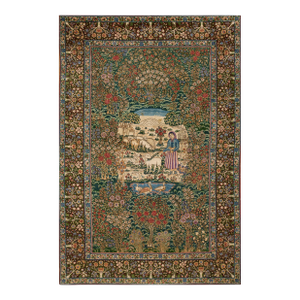 1900s Green Scene Figural Medallion Antique Persian Kerman Rug 4' 10''x 7' 9'' Knotted Pile Wool Carpet