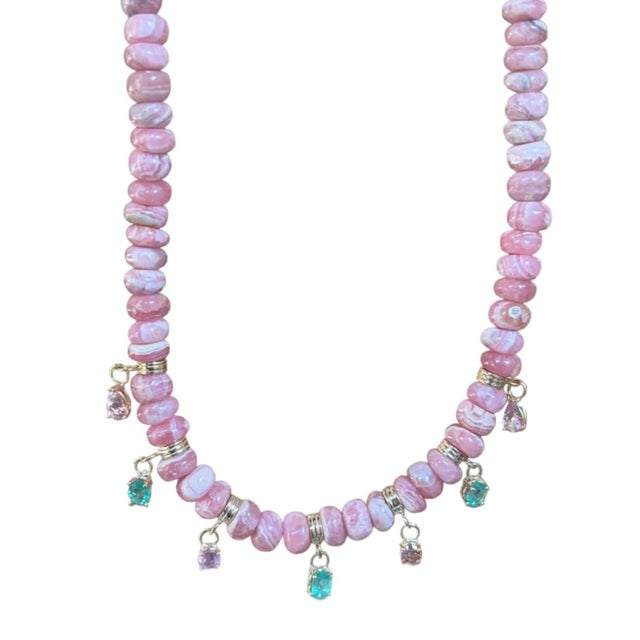 Pink Rhodochrosite Rondelle Fringe Necklace With Pink Spinel, Emeralds & 14k Gold For Sale - Image 8 of 12