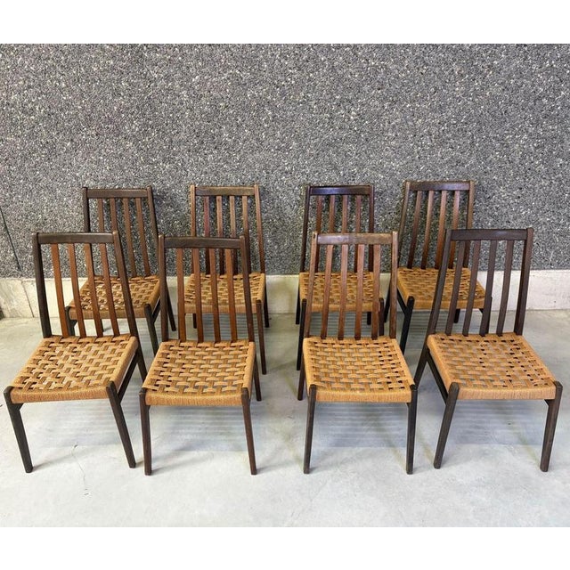 Wood Vintage Teak and Cord Dining Chairs, 1960s, Set of 8 For Sale - Image 7 of 11