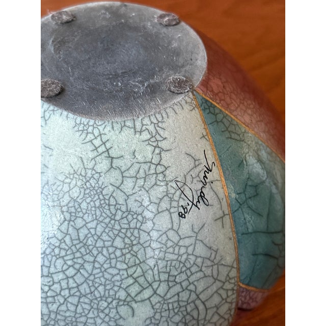 1998 Postmodern Mindy Brunn Handmade Geometric Signed and Dated Raku Ceramic 10" Centerpiece Lidded Vessel / Art Pottery For Sale - Image 17 of 18