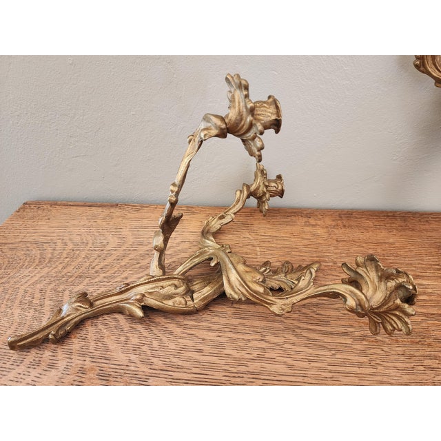 Antique Art Nouveau Pair Heavy Cast Gilt Brass 3 Light Wall Sconces With Aged Patina For Sale - Image 13 of 16