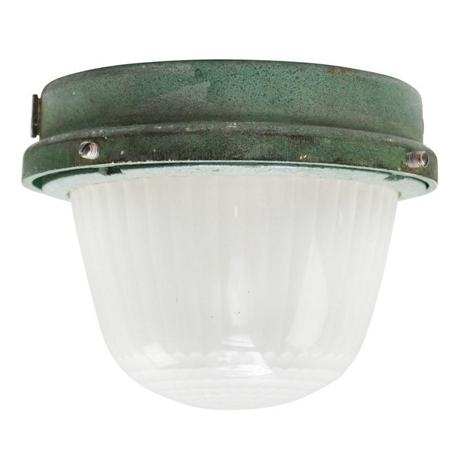Vintage French Industrial Green Cast Iron and Frosted Cut Glass Flush Mount from Holophane For Sale - Image 9 of 9