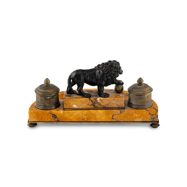 Antique French Bronze & Sienna Marble Encrier Inkwell W Lion Sculpture.