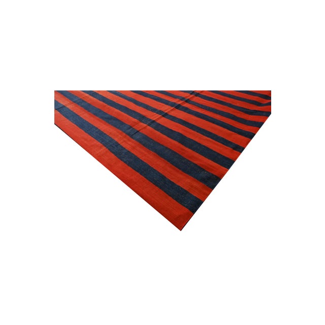 Rug & Kilim 1950s Vintage Dhurrie Flat Weave in Blue & Red Stripes by Rug & Kilim For Sale - Image 4 of 7