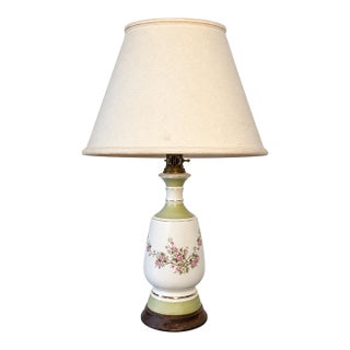Vintage Sage Green & Ivory Floral Ceramic Table Lamp With Brass Accents For Sale
