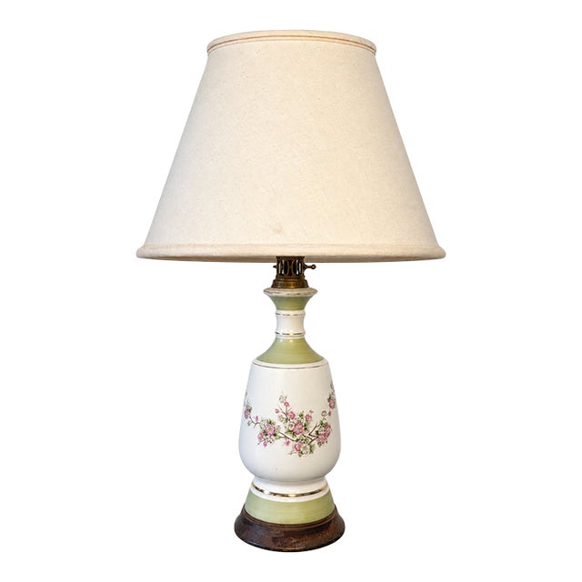 Vintage Sage Green & Ivory Floral Ceramic Table Lamp With Brass Accents For Sale