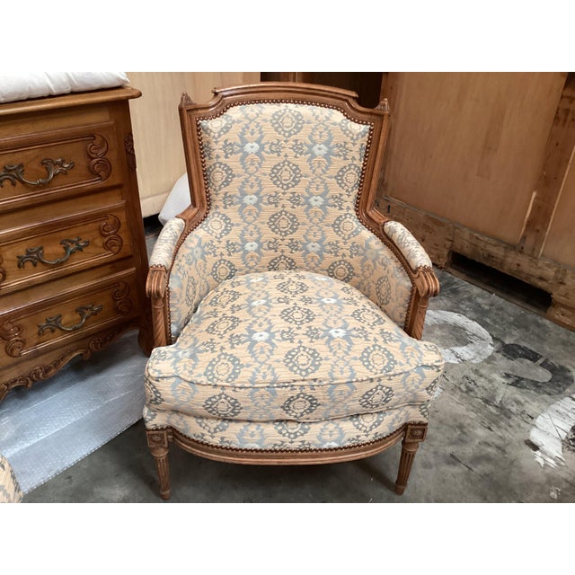 French Louis XVI Blue Bergères Arm Chairs For Sale - Image 9 of 10