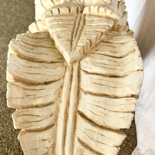 Boho Chic Sculpted Ceramic Glass Top Banana Leaf Console Table For Sale In West Palm - Image 6 of 7