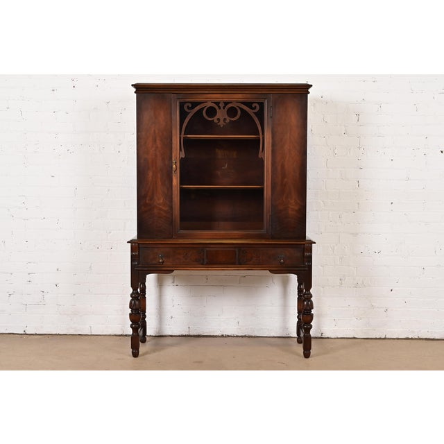 Limbert English Jacobean Carved Walnut and Burl Wood Bookcase or Bar Cabinet, Circa 1920s For Sale - Image 15 of 15