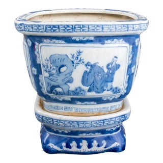 Chinese Canton Blue and White Tree Pot on Stand For Sale