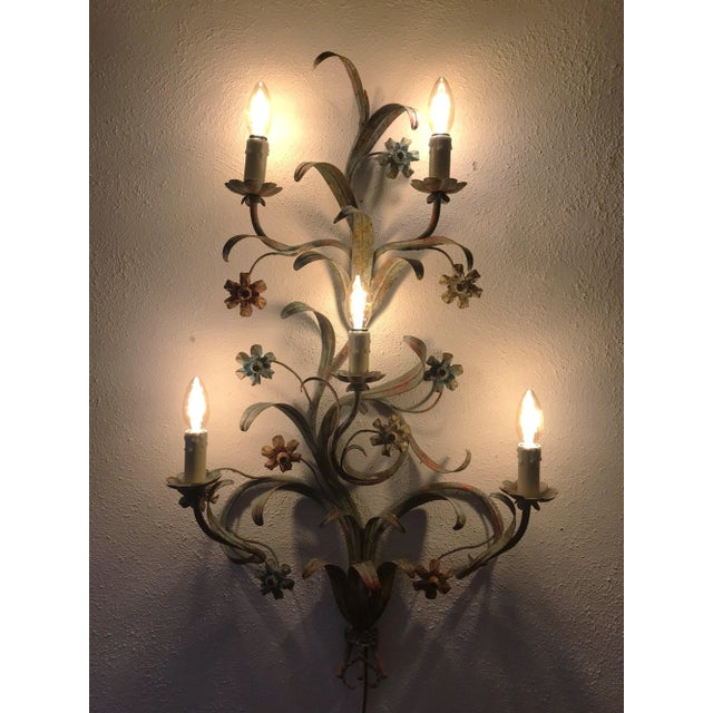 Large romantic wrought iron flower sconces, italy, 1940´s. a fine pair of lacquered wrought iron flower sconces, most...