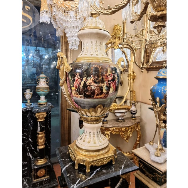 French French Porcelain Vase With Romantic Scene & Gold Gilt Bronze Mounts For Sale - Image 3 of 3