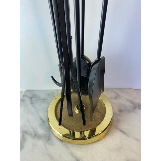 Metal Modern Brass and Black Metal Fireplace Tool Set 4-Piece With Stand For Sale - Image 7 of 9