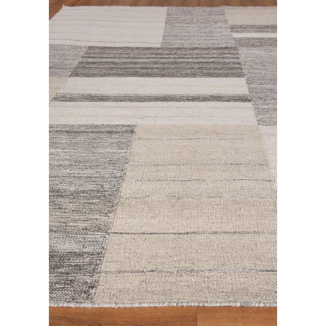 Mid-Century Modern Exquisite Rugs Geometric Flatweave Handmade New Zealand Wool & Bamboo Silk Ivory/Blue/Gray Rug-5'X8' For Sale - Image 3 of 7
