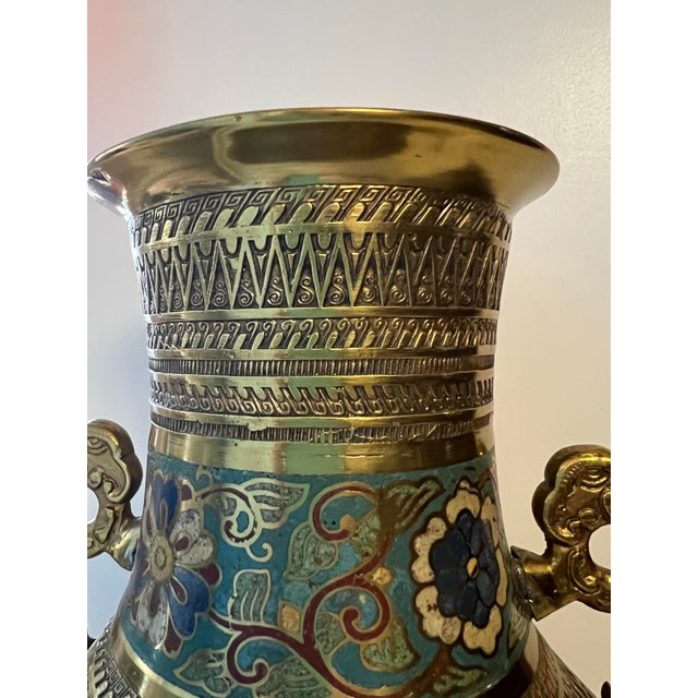 Vintage Japanese Brass Champlevé Cloisonné Enamel Vase With Dragon Handles For Sale - Image 4 of 9