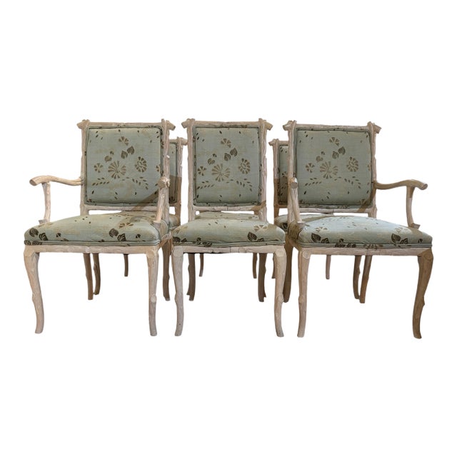 Late 20th Century Italian Regency Carved Faux Bois Cerused Dining Chairs - Set of 6 For Sale