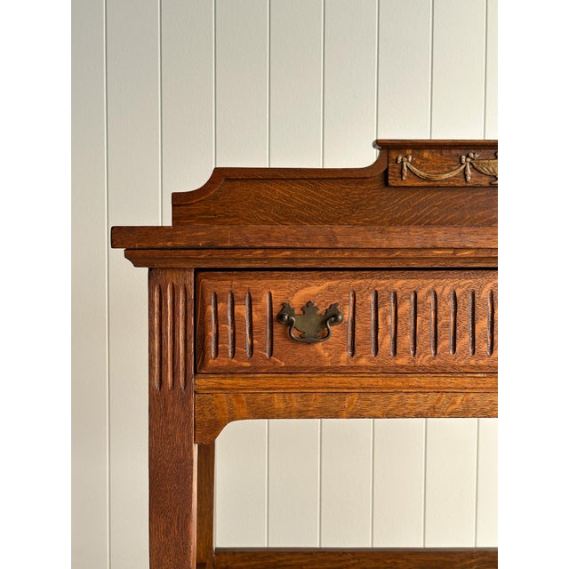Antique Quarter Sawn Oak Console Table With Carved Gallery Back For Sale - Image 4 of 17