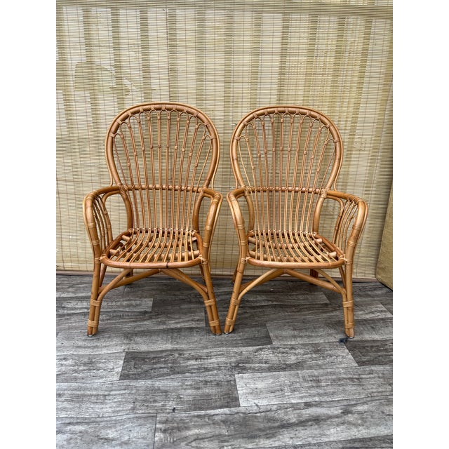 Franco Albini A Pair of Rattan Fan Back Lounge Chairs in the Franco Albini's Style. Circa 1980s For Sale - Image 4 of 18