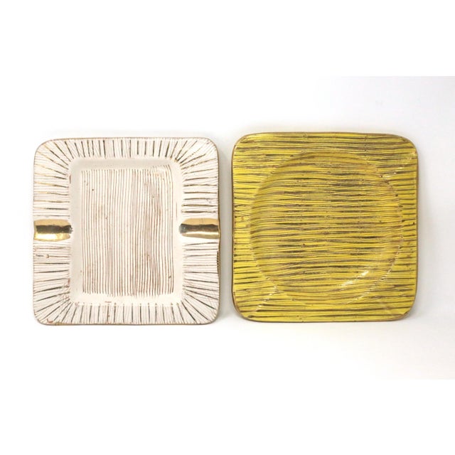 Vintage Italian Square White/Gold and Yellow/Gold Ceramic Made in Italy Ashtrays - a Pair For Sale - Image 9 of 12