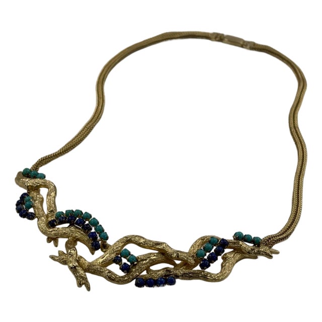 Vintage Christian Dior Necklace - 1962 Gold Tone Branches With Lapis & Turquoise Stones For Sale