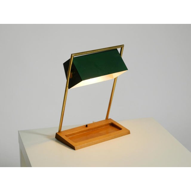 Brown Large Table Lamp with Brass Frame, Teak Base, and Green Lampshade from Temde, 1960s For Sale - Image 8 of 18